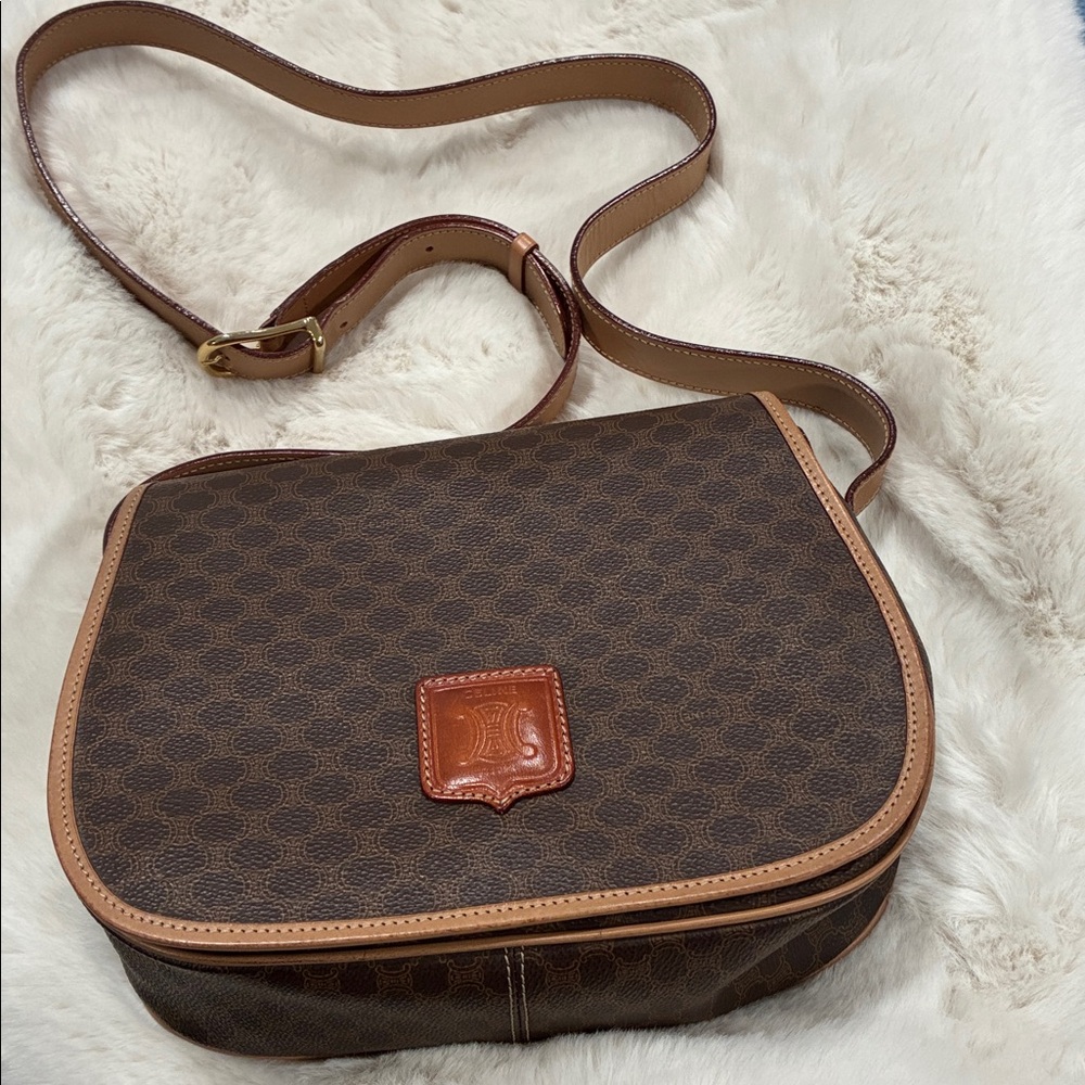 Celine Vintage Brown Crossbody Bag with Tan Accents